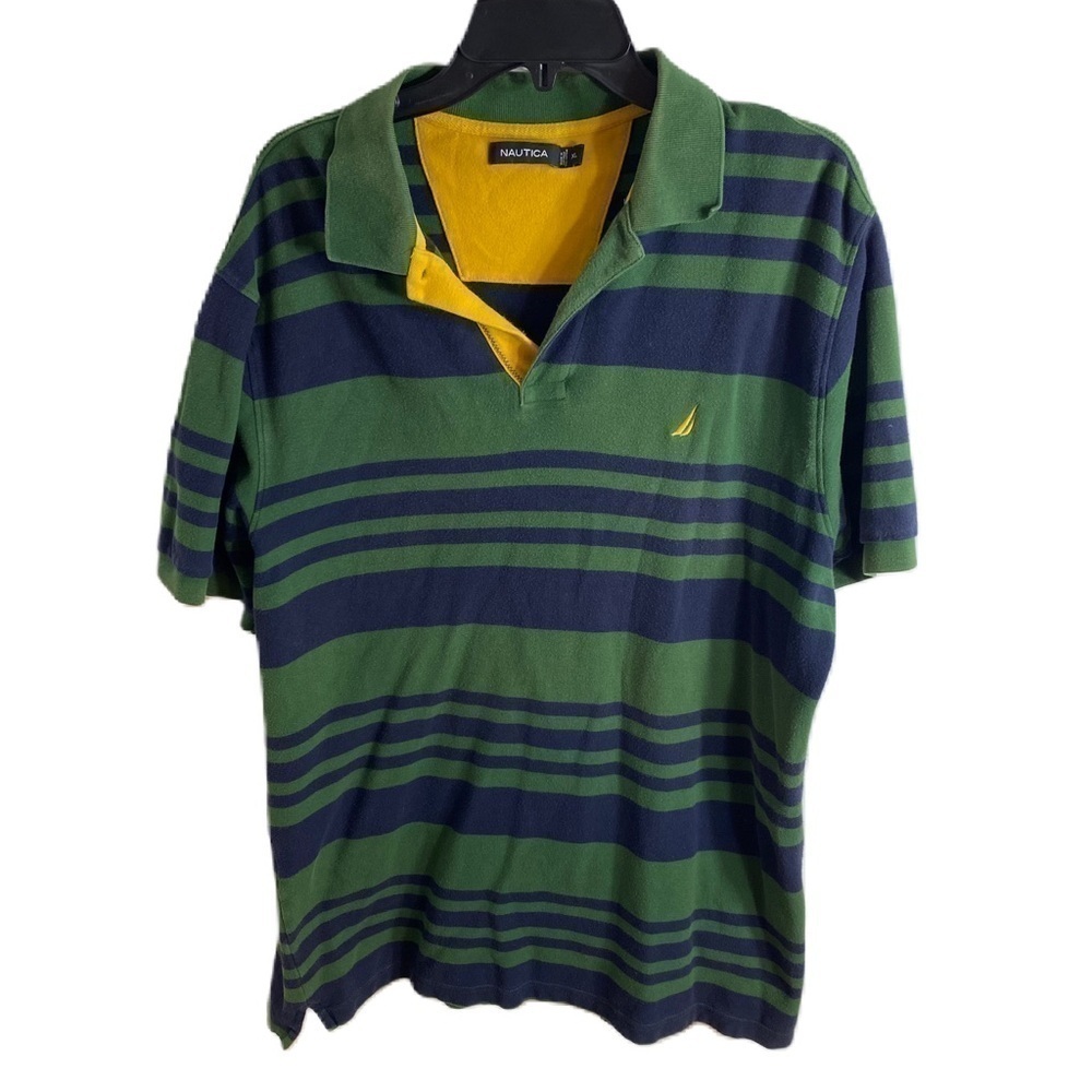 Vintage Nautical Polo Shirt XL Green Blue Striped Men’s